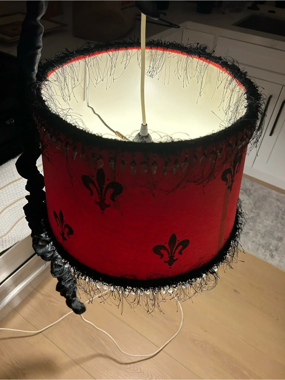 2 Red & Black Fleur-de-Lis Decorative Electrical Lamp Shades